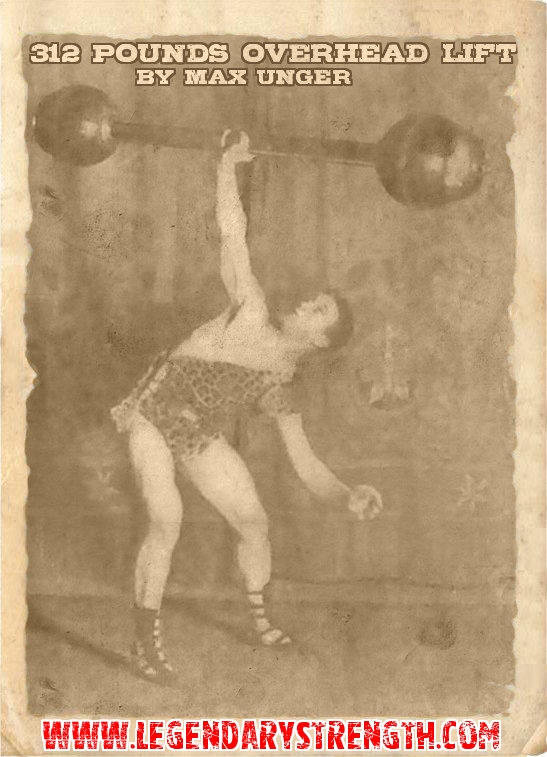 Max Unger lifting over head a barbell weighing 312 pounds