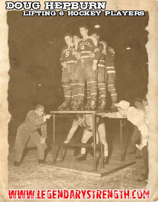 Doug Hepburn lifting six hockey players in 1954
