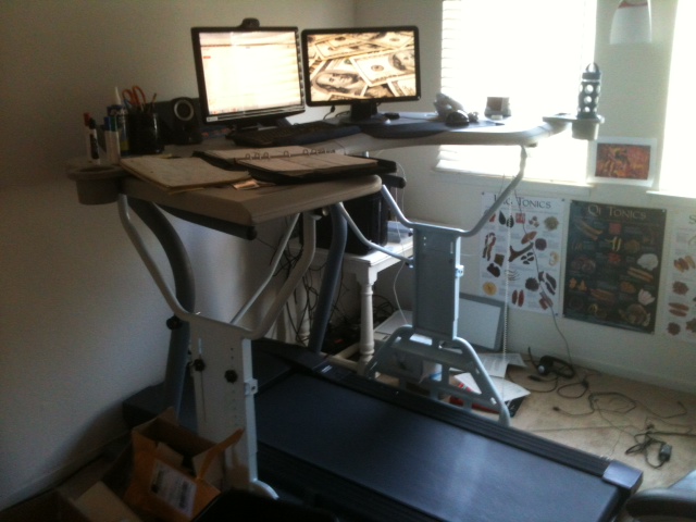 My TrekDesk setup. Notice the lots of space for two monitors, notebooks and other miscellaneous stuff.