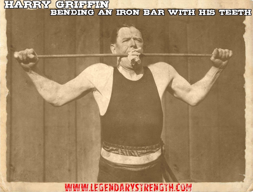 Most famous for his jaw strength, Harry Griffin's strongman acts often involved this feat. This particular picture was taken in 1915. 